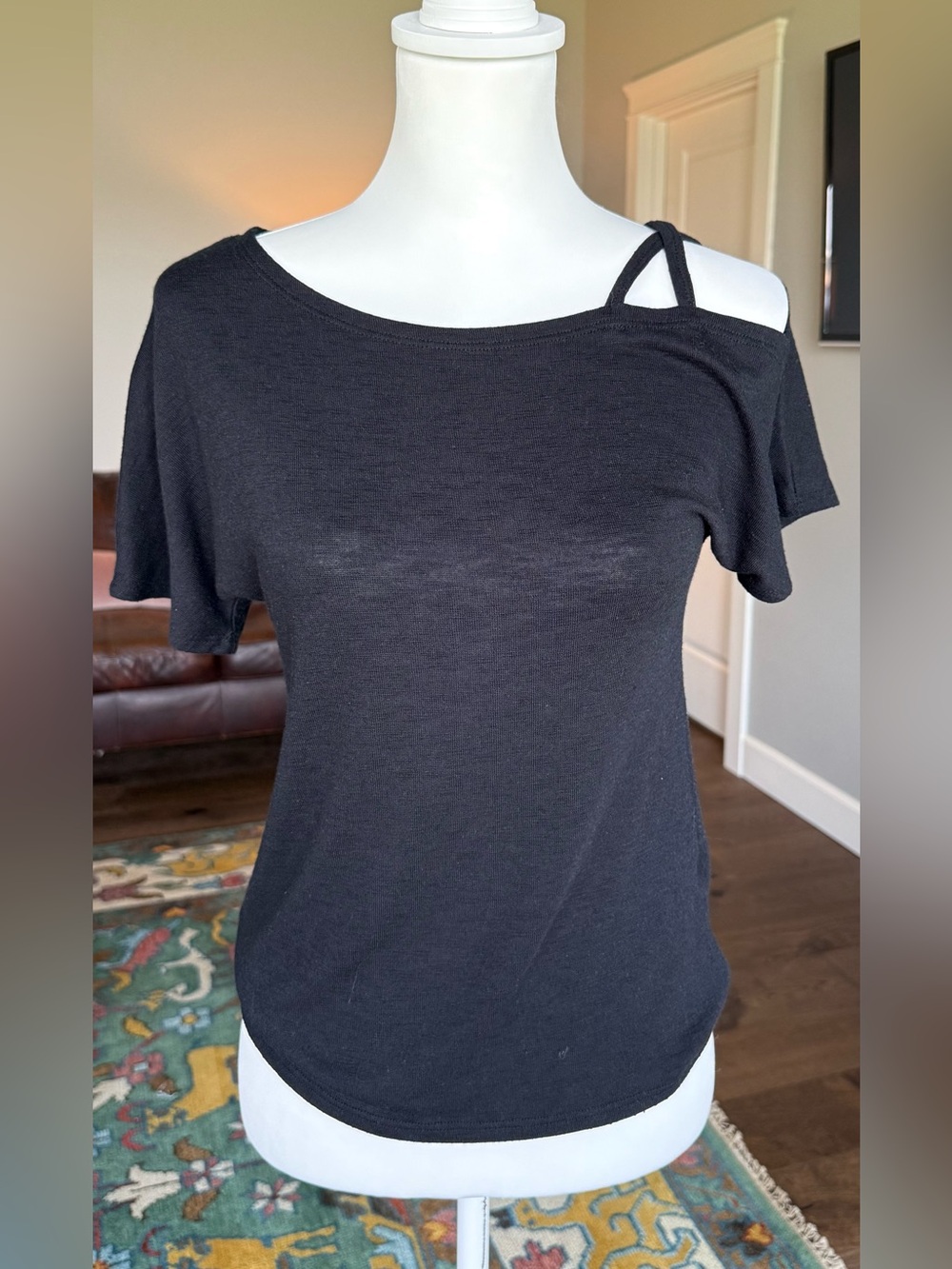 Kaileigh Black Off-Shoulder Tee with Strap Accent